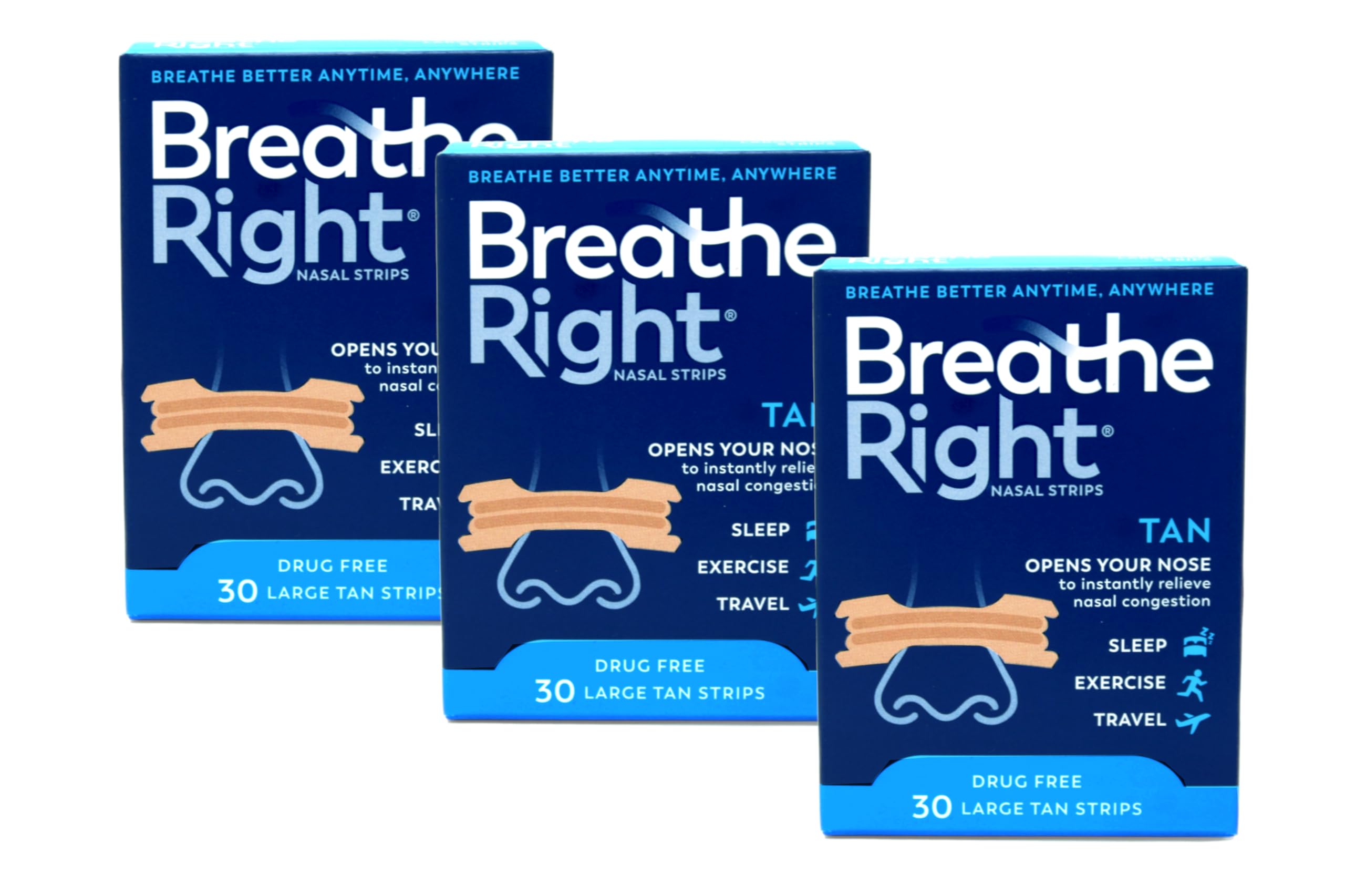 Breathe Right Original Large Tan Nasal Strip on the nose for immediate relief.