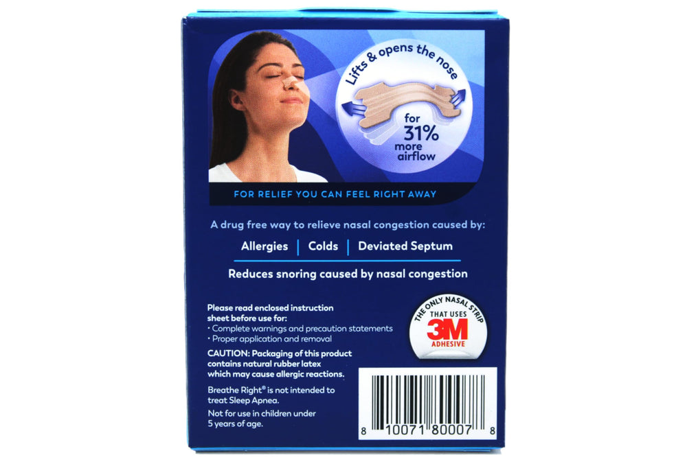 Front view of Breathe Right Original Tan nasal strips pack for daily use.