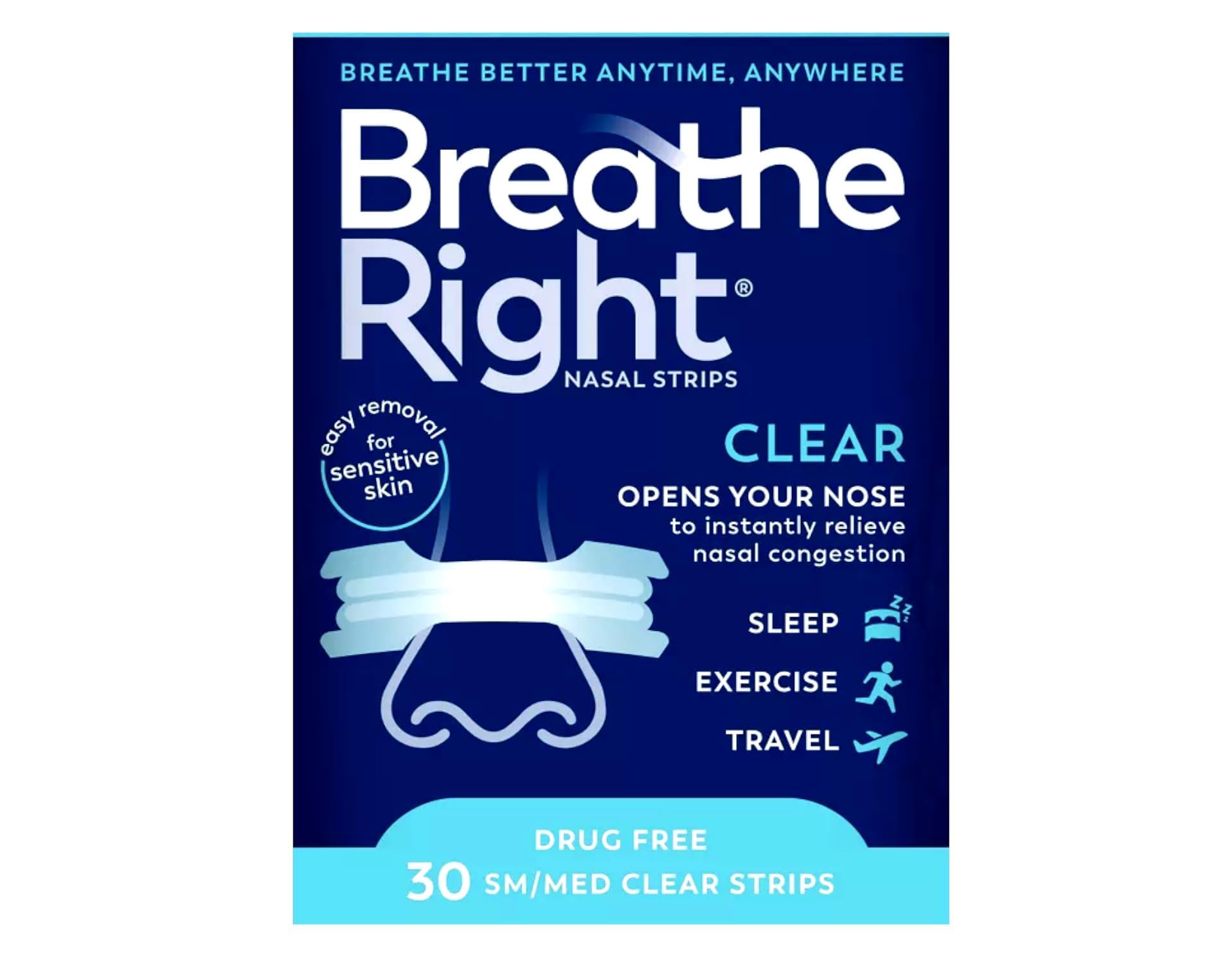Breathe Right Clear nasal strip packaging box, convenient 3-pack for regular use.