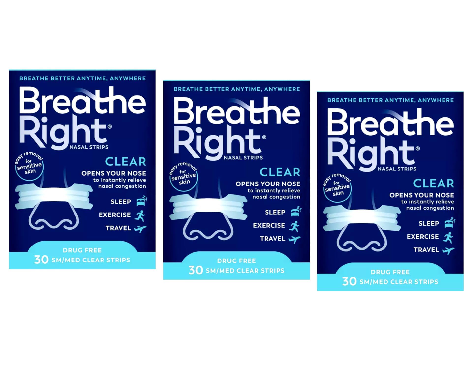 Breathe Right Clear nasal strip on the nose, gentle for sensitive skin and easier breathing.