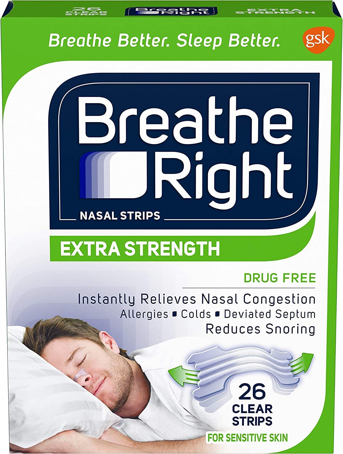 Breathe Right Extra Strength Clear Nasal Strip on the nose for easier breathing