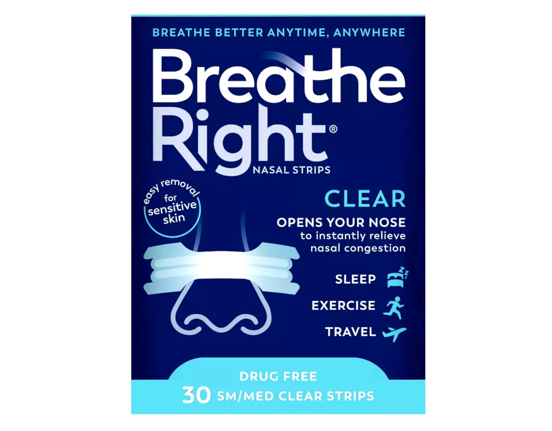 Close-up of Breathe Right nasal strip on the nose