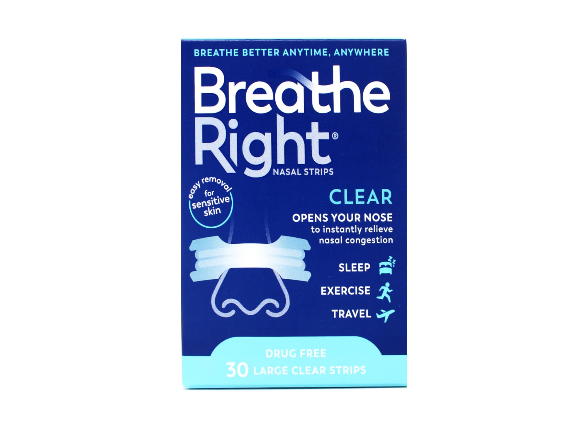 Breathe Right nasal strips clear large close-up adhesive showing secure hold.