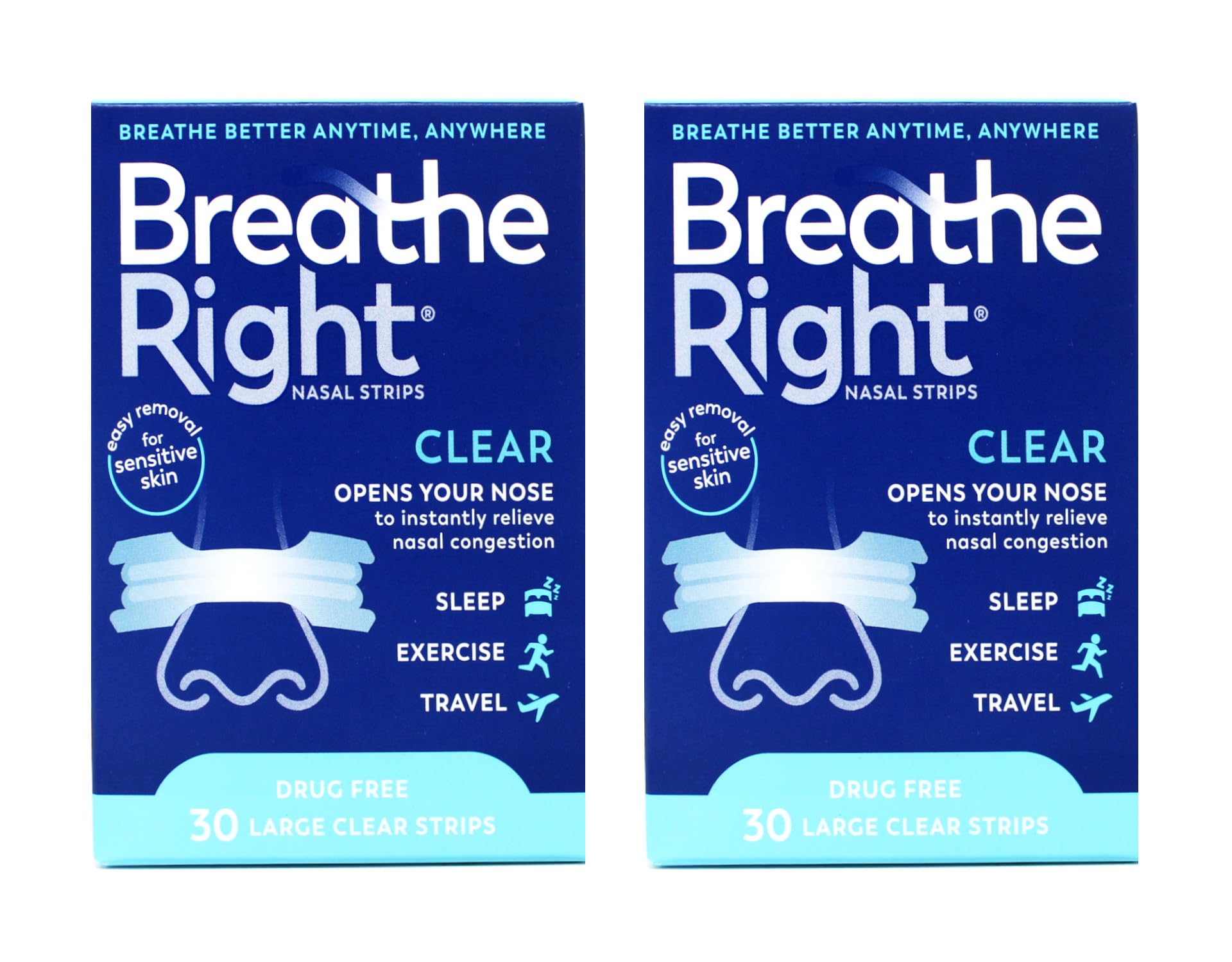 Breathe Right nasal strips clear large on nose for easier breathing.