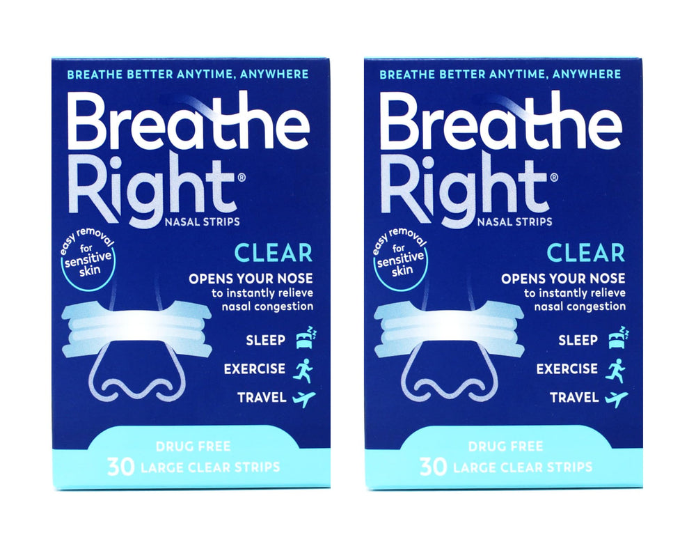 Breathe Right nasal strips clear large on nose for easier breathing.