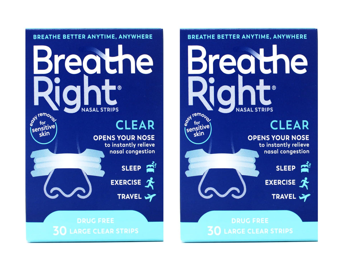 Breathe Right nasal strips clear large on nose for easier breathing.