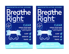 Breathe Right nasal strips clear large on nose for easier breathing.