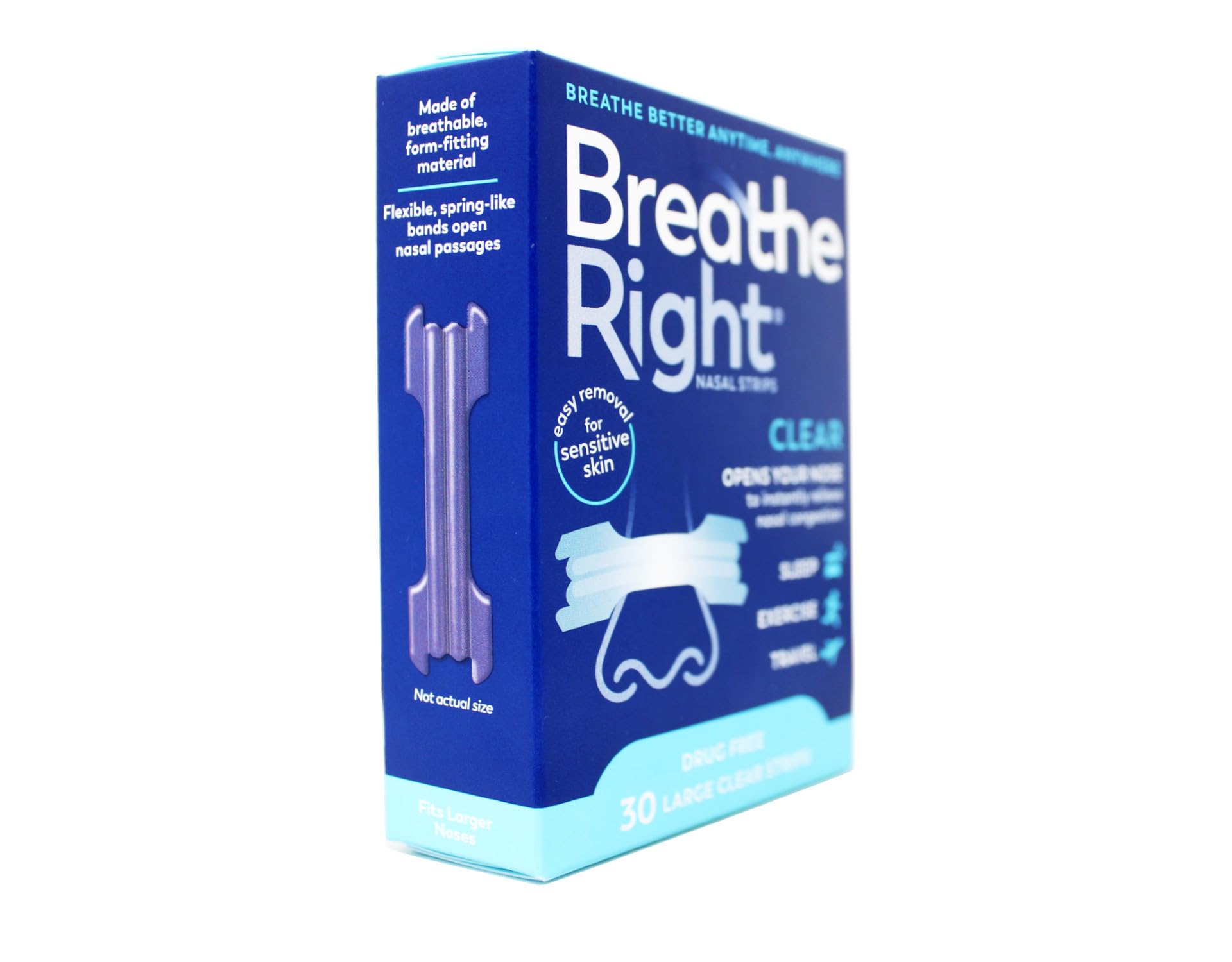 Breathe Right nasal strips clear large spring-like bands open nasal passages.