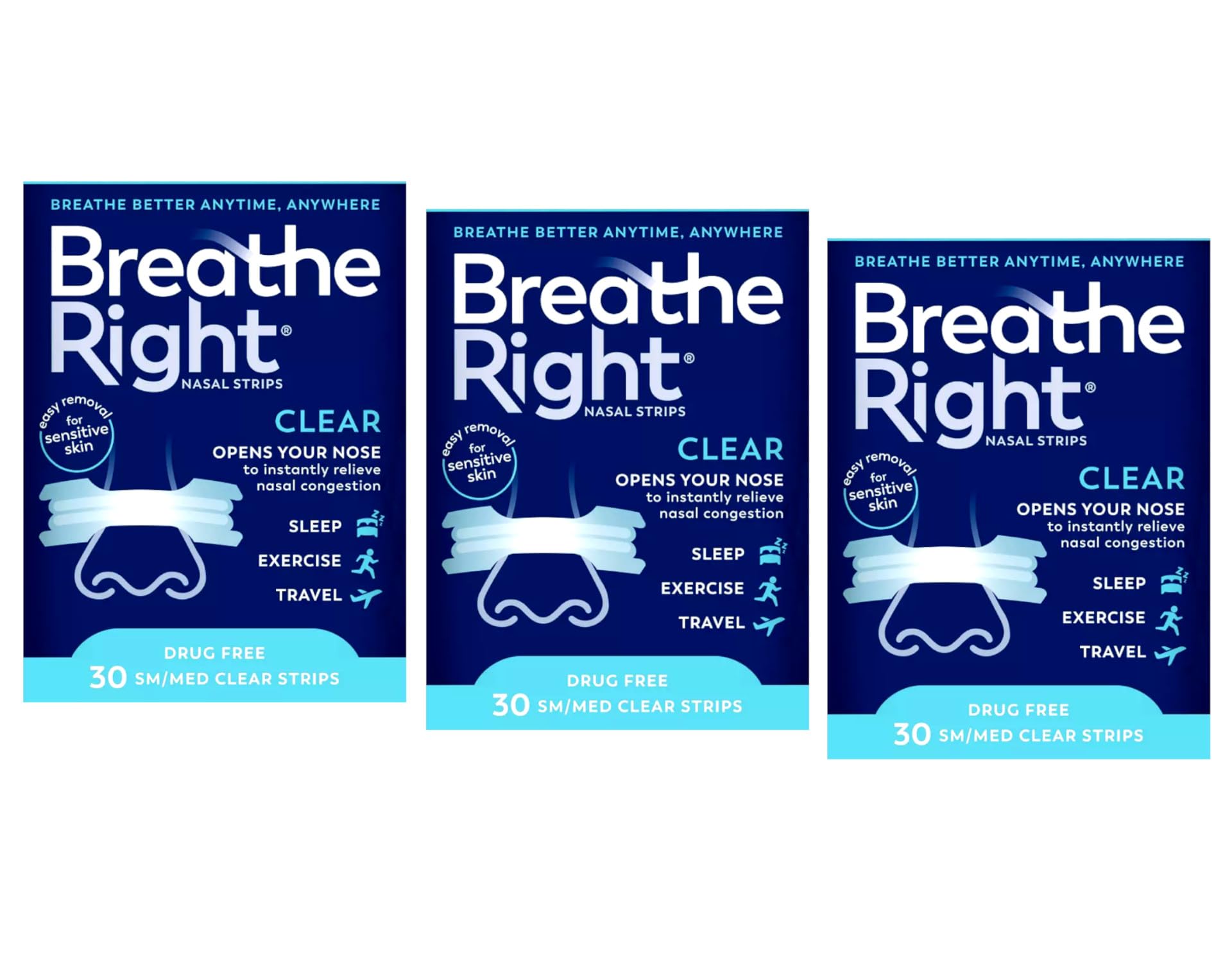 Breathe Right nasal strips small/medium, clear, shown on three-pack box