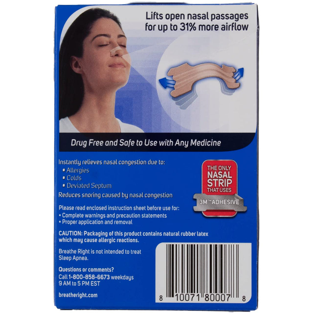 Breathe Right nasal strip sticks above the nostrils for easier breathing.