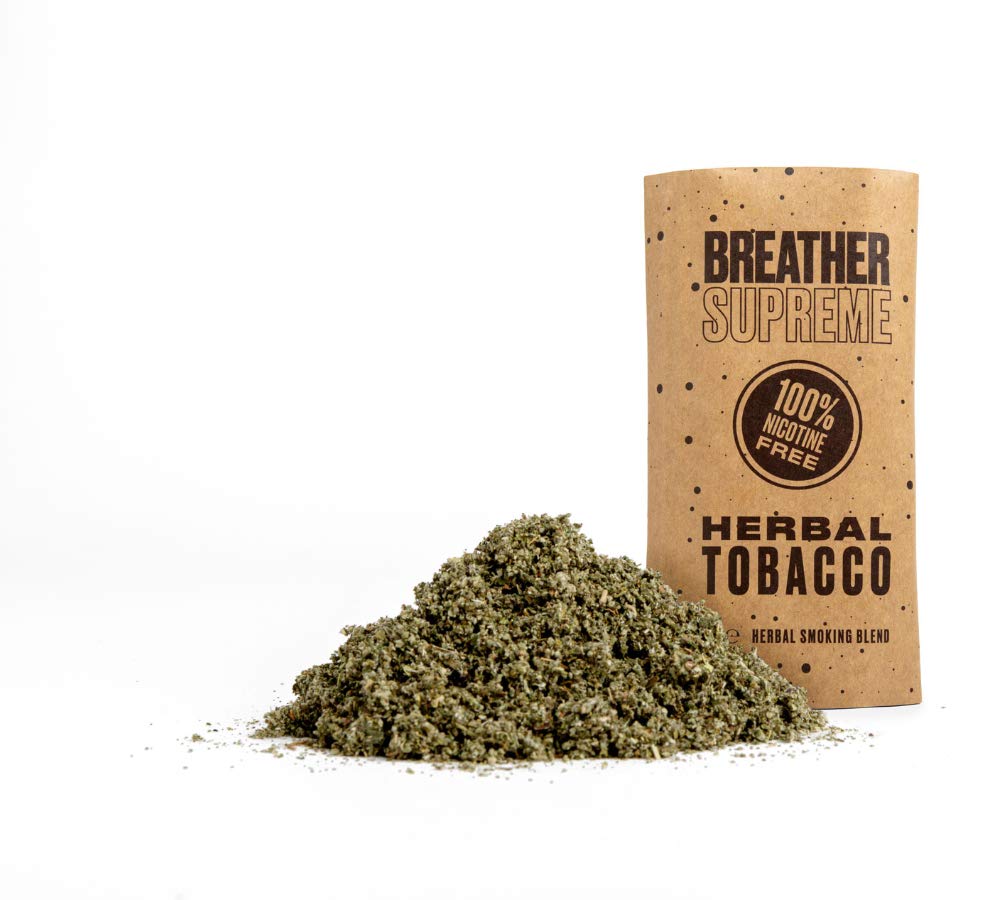 Breather Herbal Smoking Blend pack back highlights clean ingredients and storage.