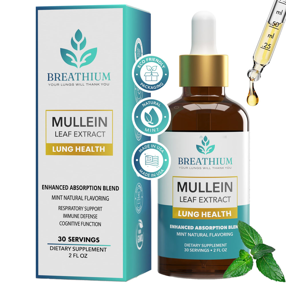 Breathium 4-in-1 Mullein Drops bottle pour with mint flavor for easy daily use