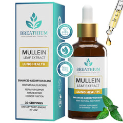 Breathium 4-in-1 Mullein Drops bottle pour with mint flavor for easy daily use