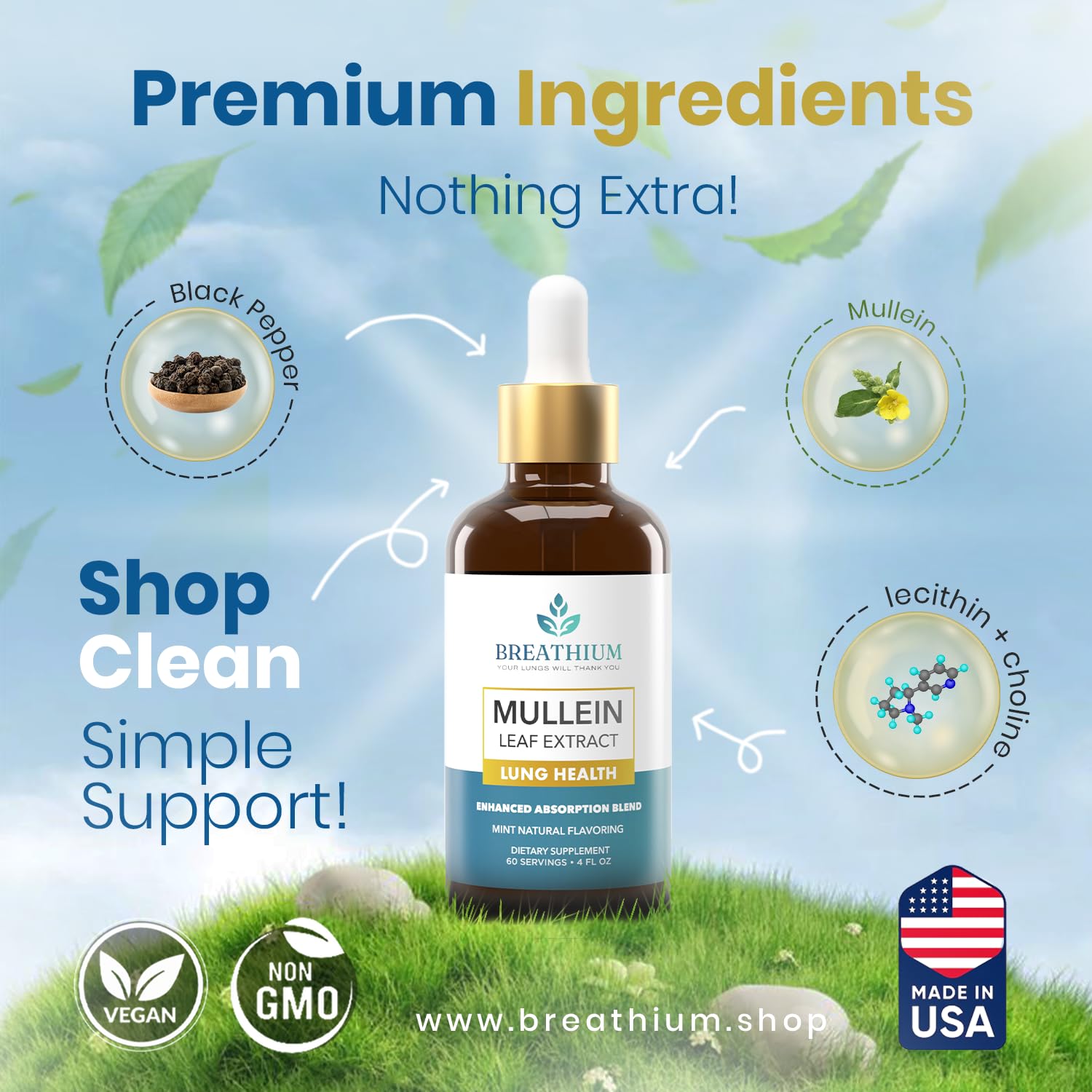 Breathium 4-in-1 Mullein Drops eco-packaging shot signals sustainability