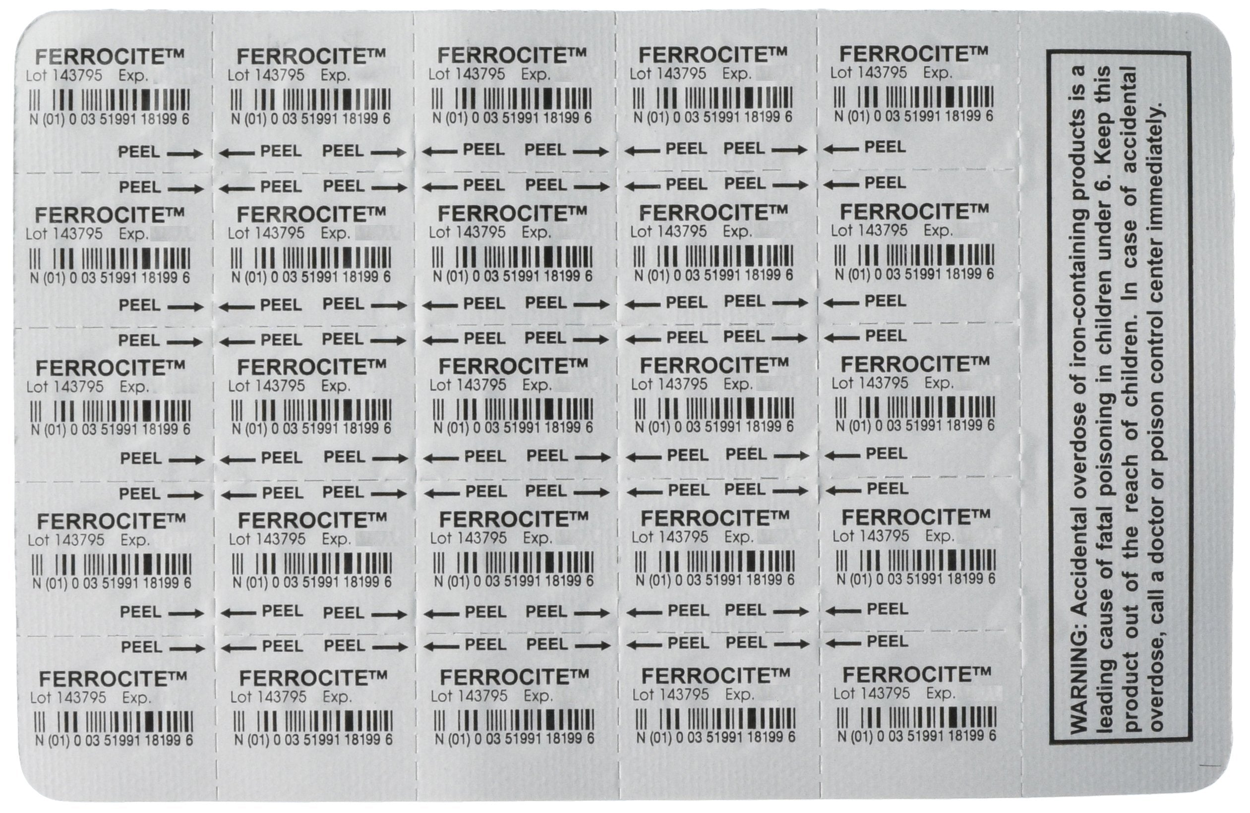 Breckenridge Ferrocite, blíster de 25 tabletas para suplementación diaria.