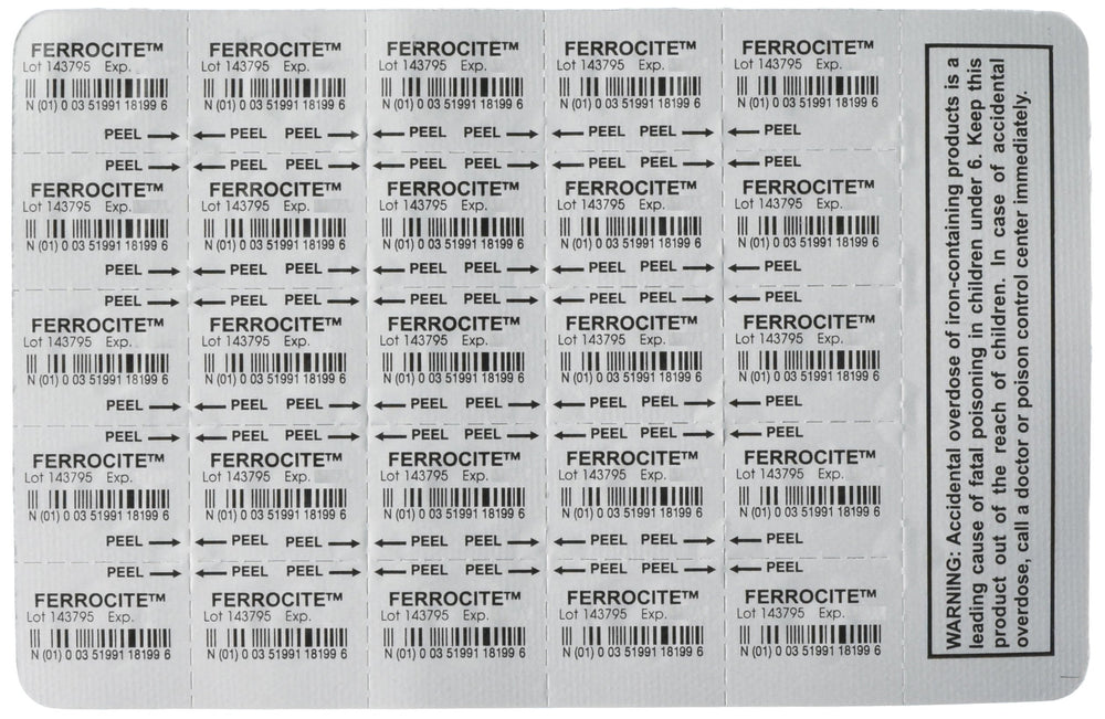 Breckenridge Ferrocite, blíster de 25 tabletas para suplementación diaria.