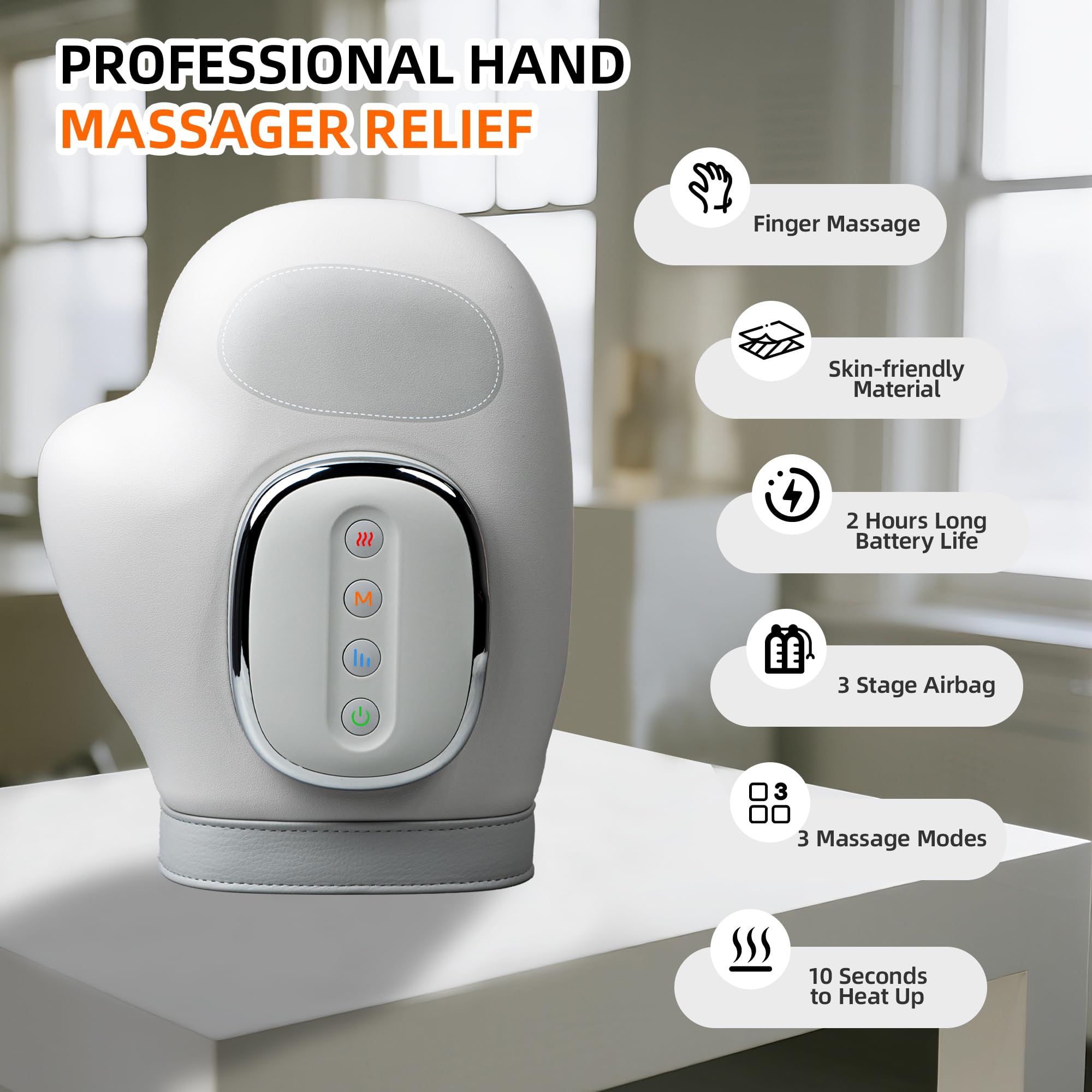 Brenzo massager on hand showing adjustable compression for palm and finger relief.
