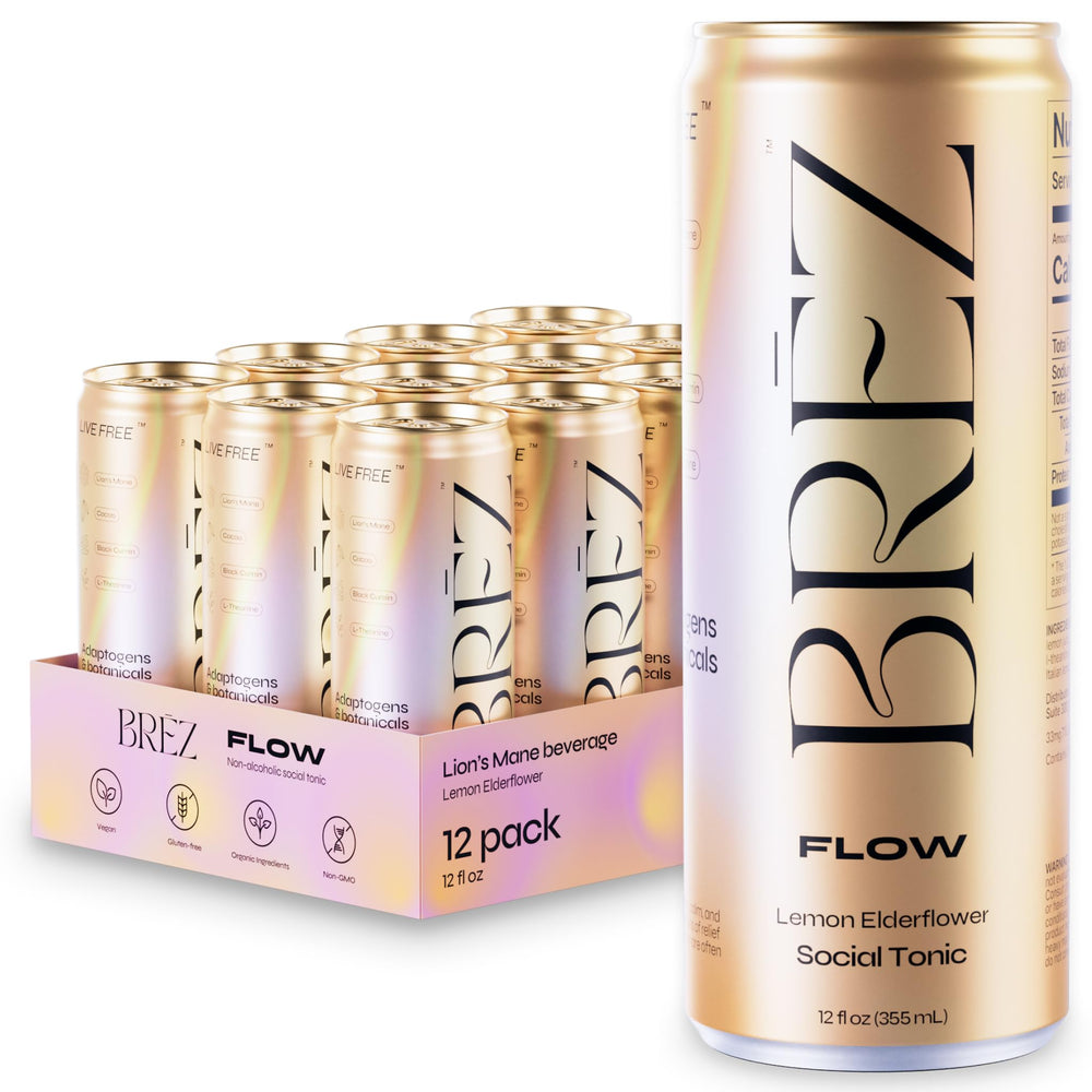 BREZ Flow Lion’s Mane lemon elderflower can front view with refreshing fizz for mood-friendly refreshment