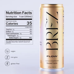 BRĒZ FLOW Lemon Elderflower can highlights refreshing sparkling flavor
