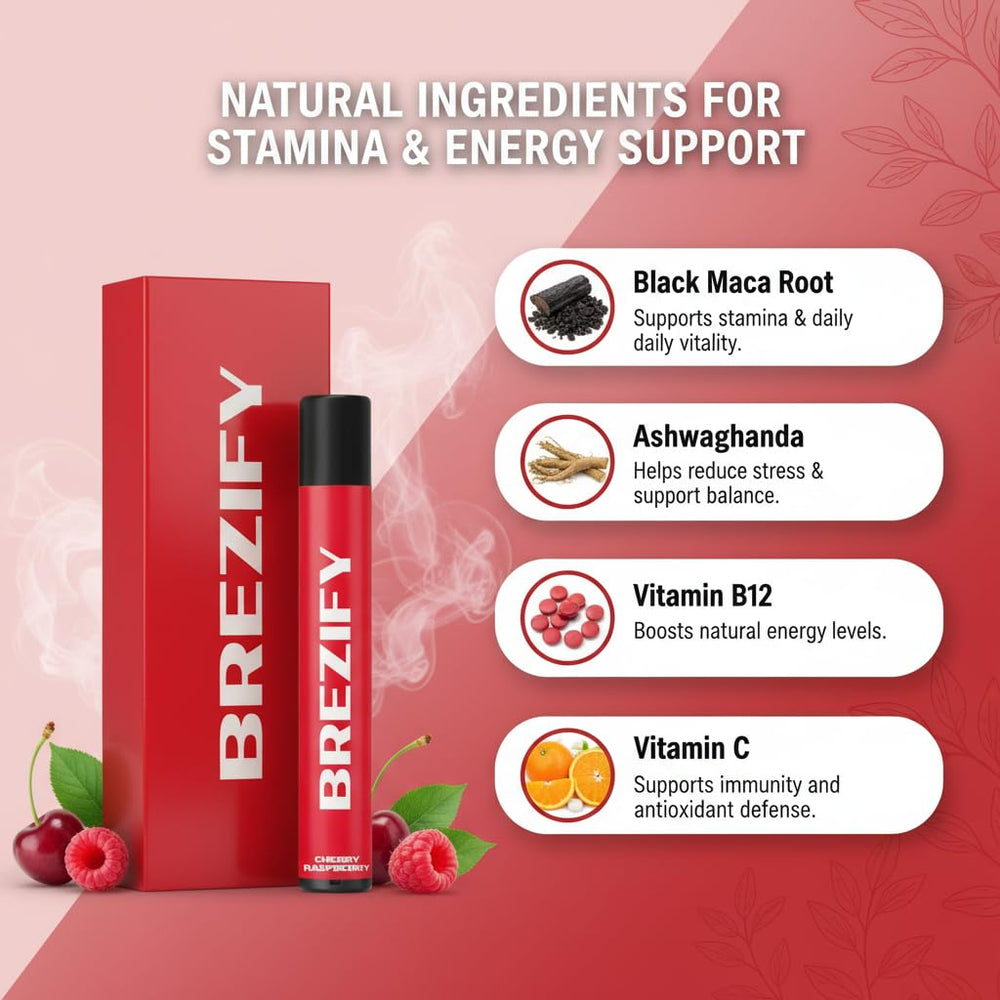 Brezify Stamina Boost bottle featuring fruity cherry-berry aroma with menthol twist for uplift.