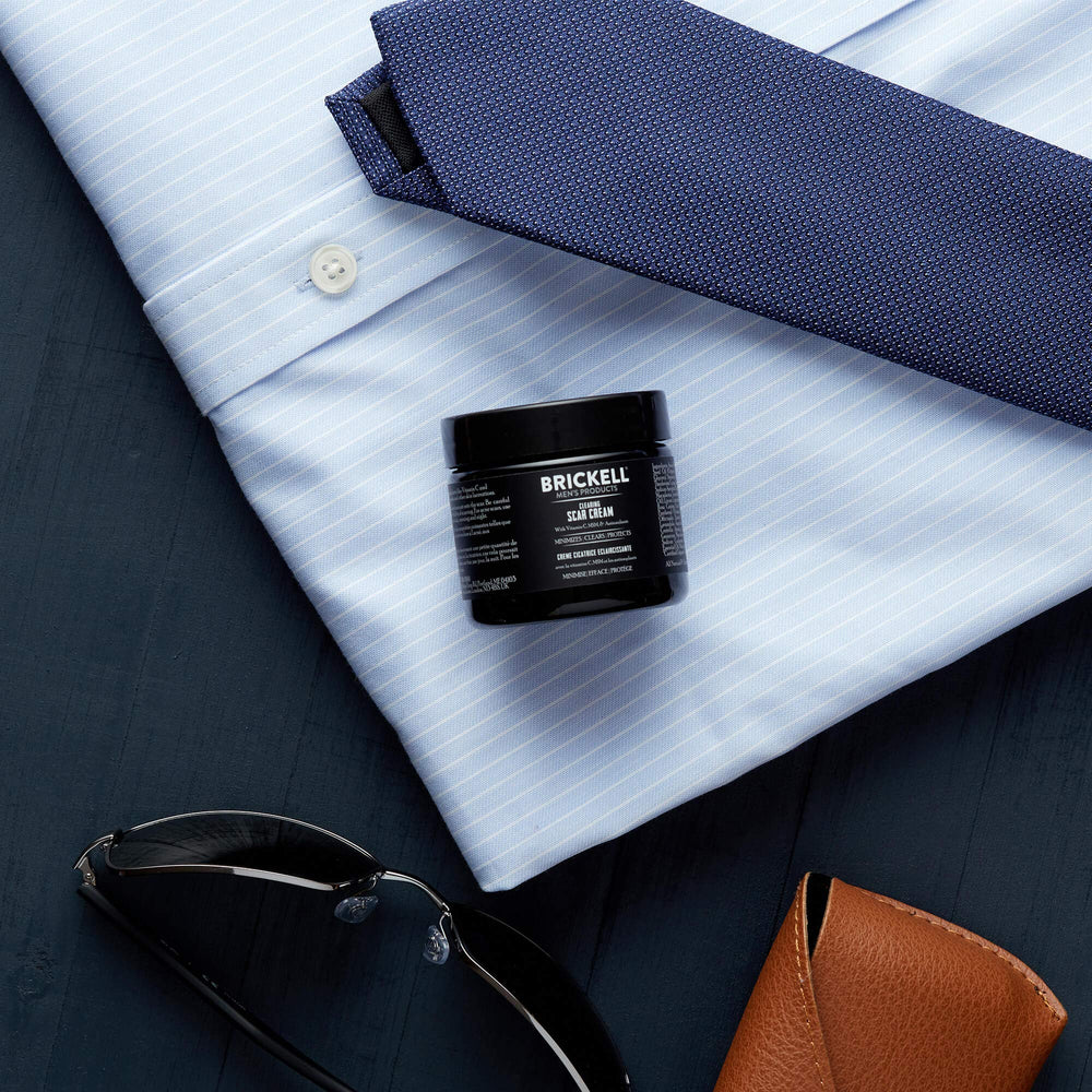 Brickell Men's Clearing Scar Cream application area demonstrates targeted use on skin imperfections.