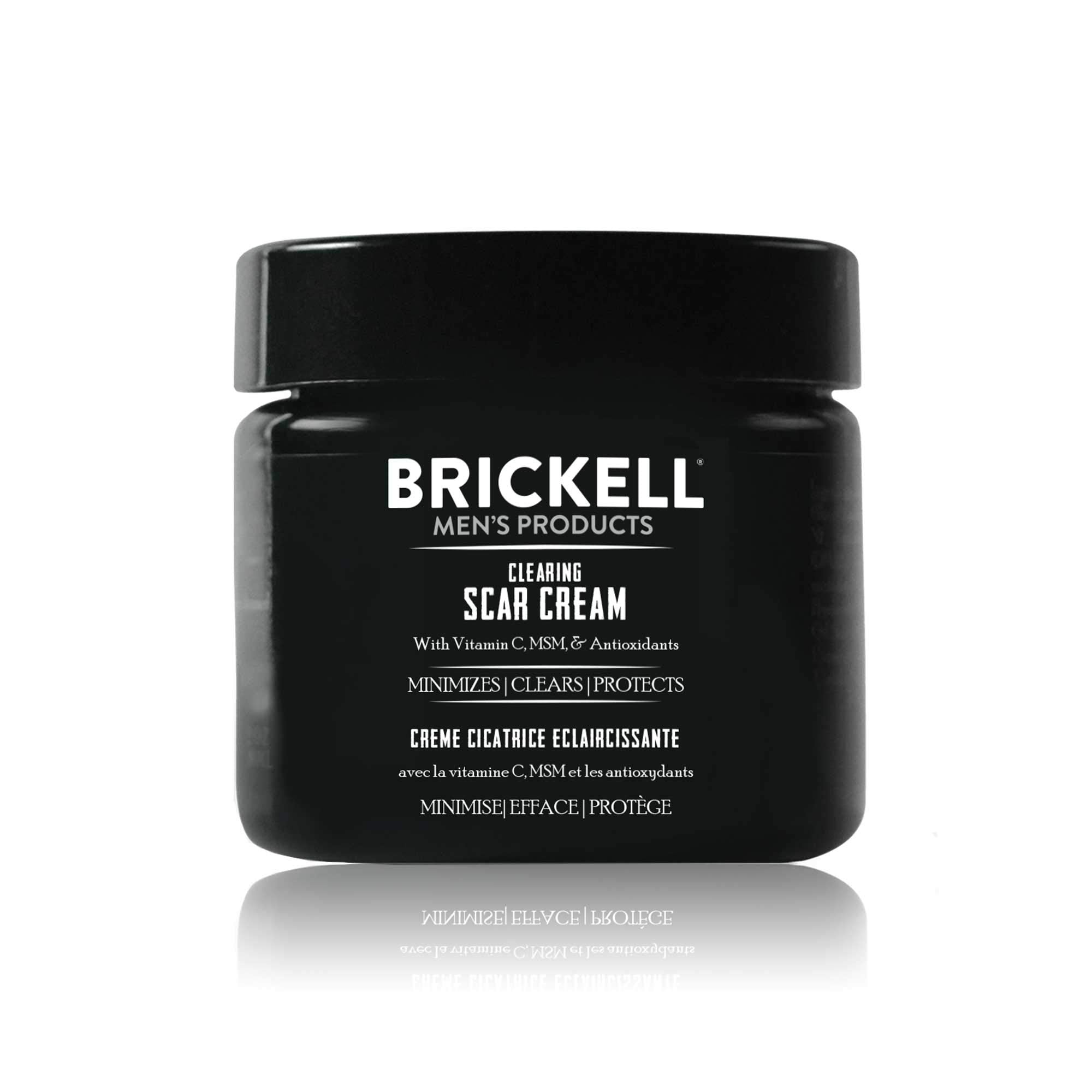 Brickell Men's Clearing Scar Cream bottle shows premium packaging for scar care.
