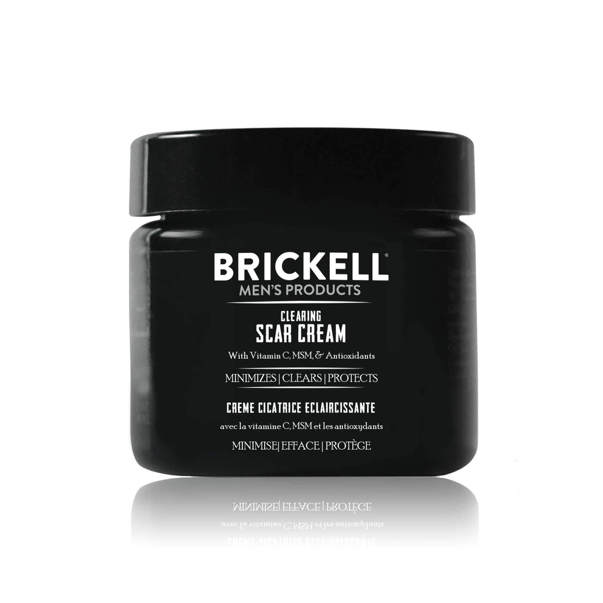 Brickell Men's Clearing Scar Cream bottle shows premium packaging for scar care.