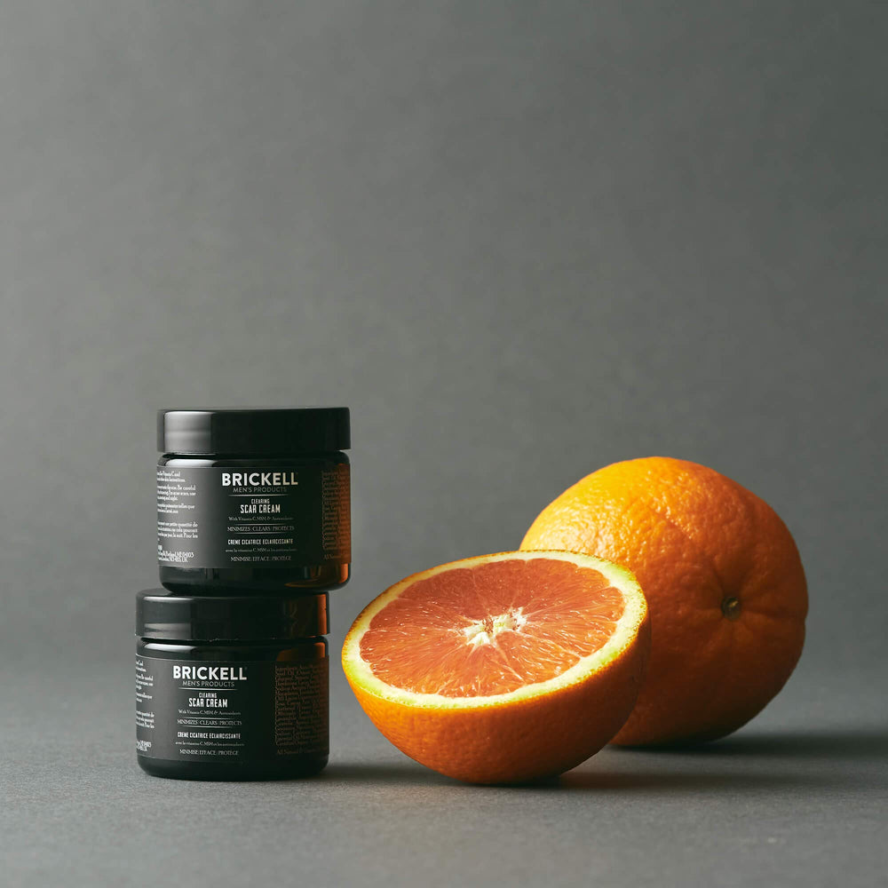 Brickell Men's Clearing Scar Cream includes vitamin C for brightening and even tone.