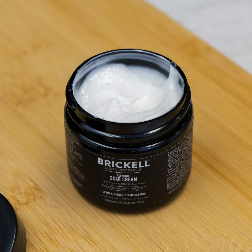 Brickell Men's Clearing Scar Cream texture indicates quick absorption and comfortable wear.