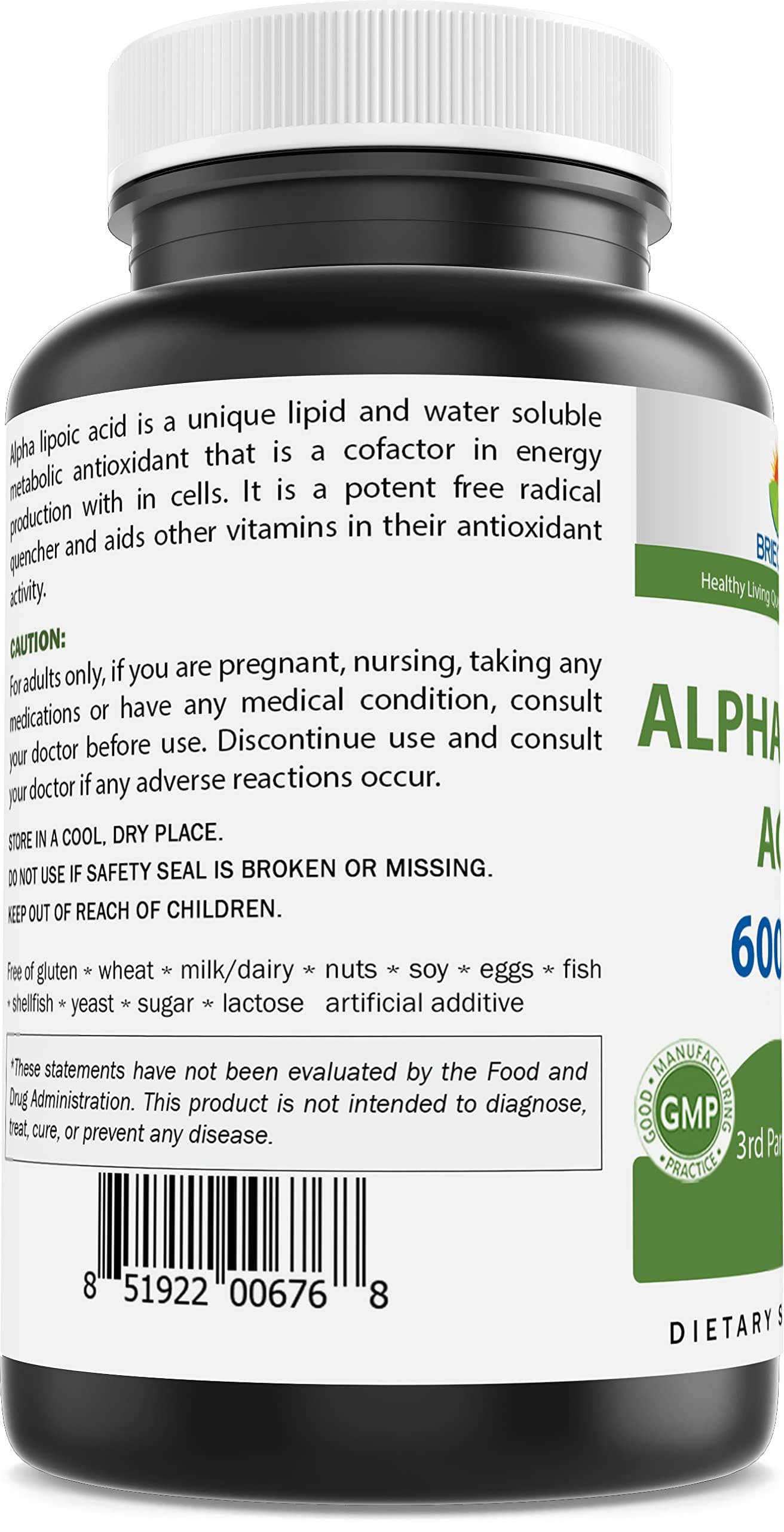 Brieofood Alpha Lipoic Acid bottle with gluten-free label for allergen-conscious use.