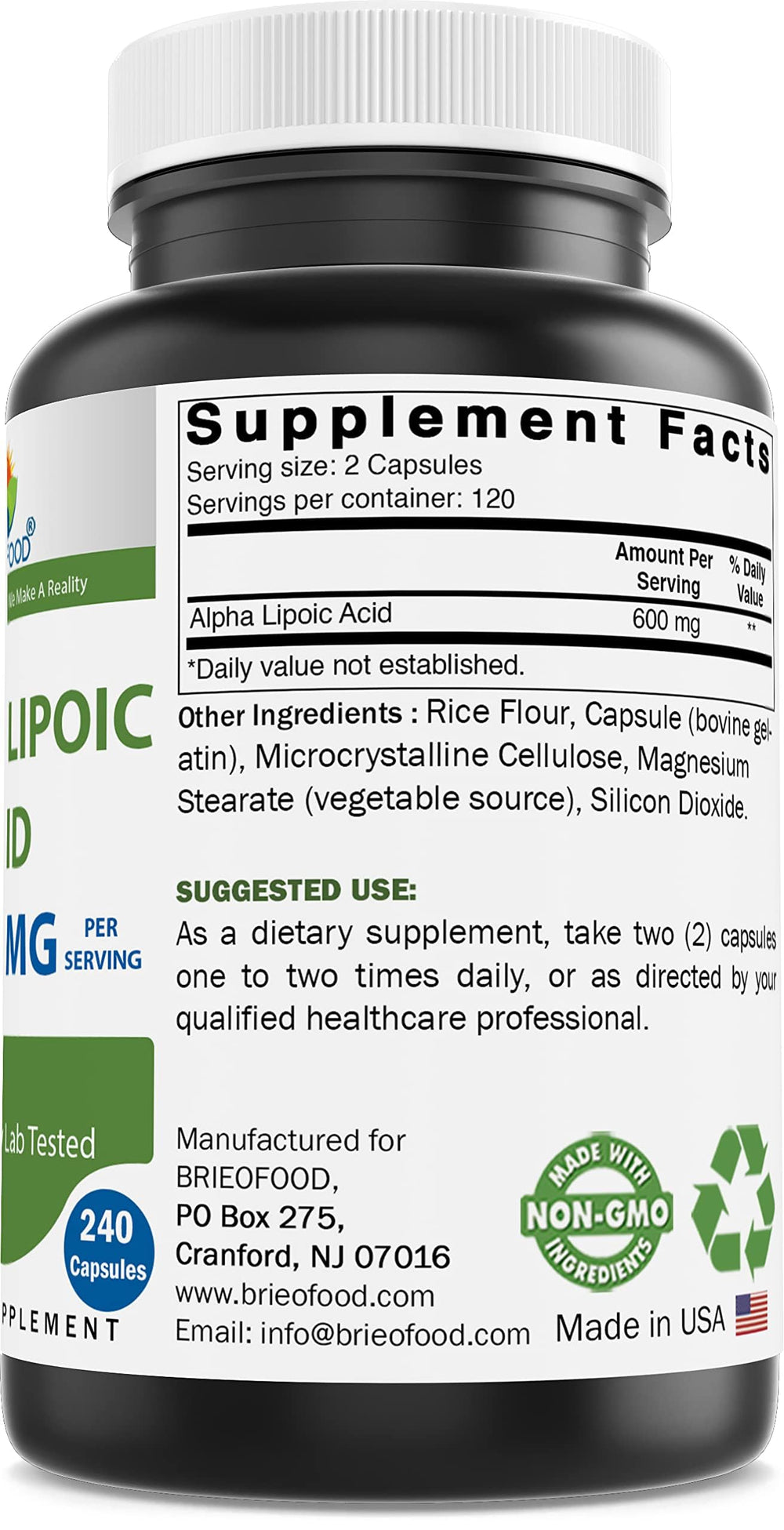 Brieofood Alpha Lipoic Acid capsules close-up showing 600 mg per serving for daily antioxidant support.