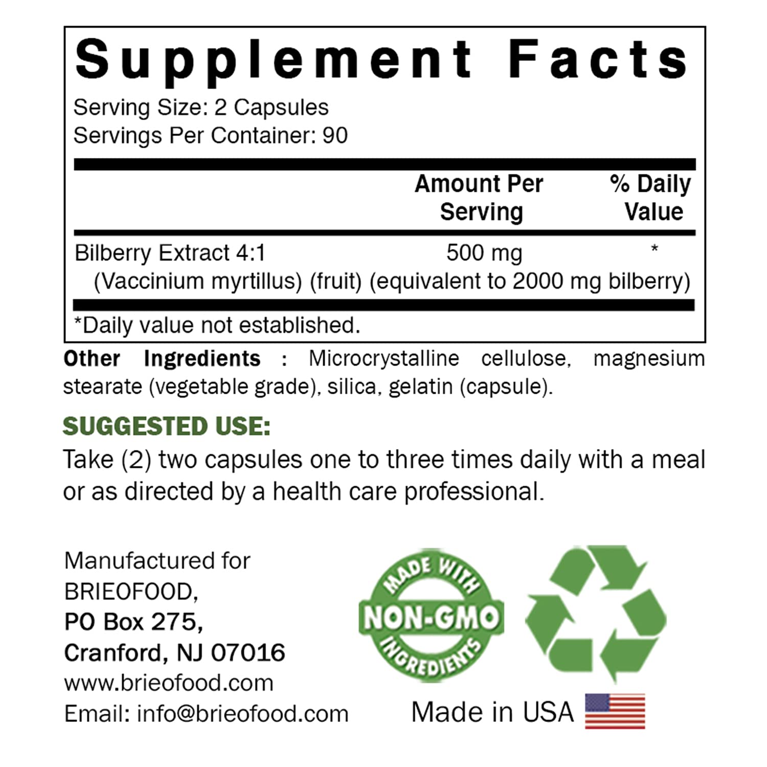 Brieofood Bilberry capsules close-up emphasizes potency per serving