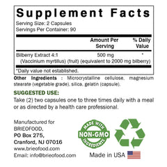 Brieofood Bilberry capsules close-up emphasizes potency per serving