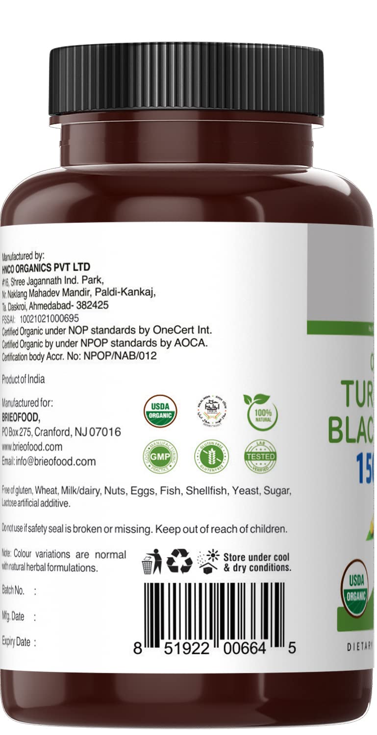 Close-up of Brieofood Organic Turmeric bottle with organic certification seal