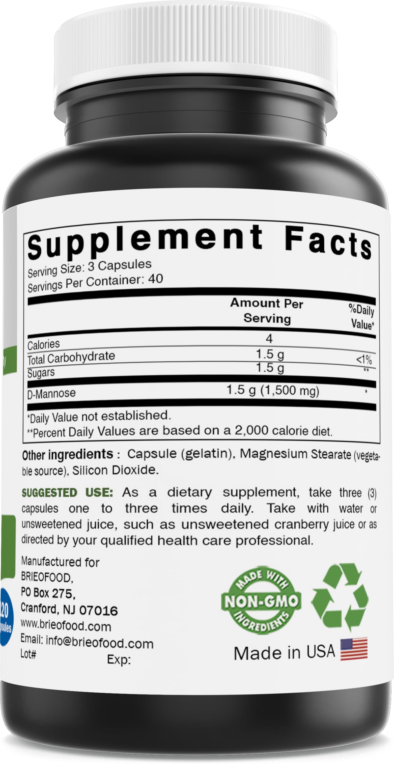 Brieofood D-Mannose serving image demonstrates 1500 mg per 3 capsules.