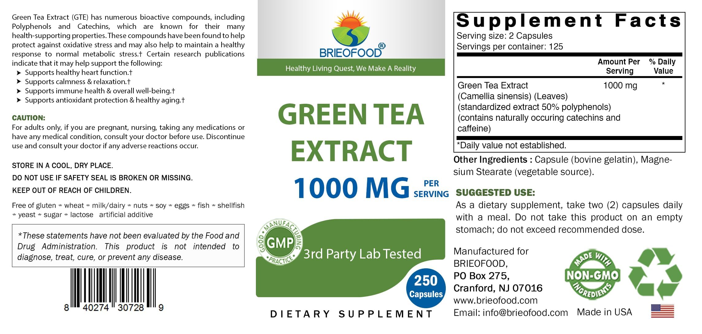 Brieofood, frasco de 250 cápsulas para hábitos saludables