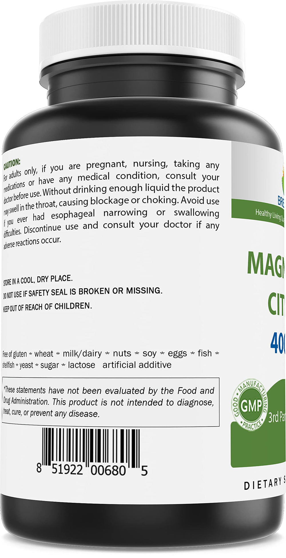 Brieofood Magnesium Citrate label display highlights purity and allergen-free formulation