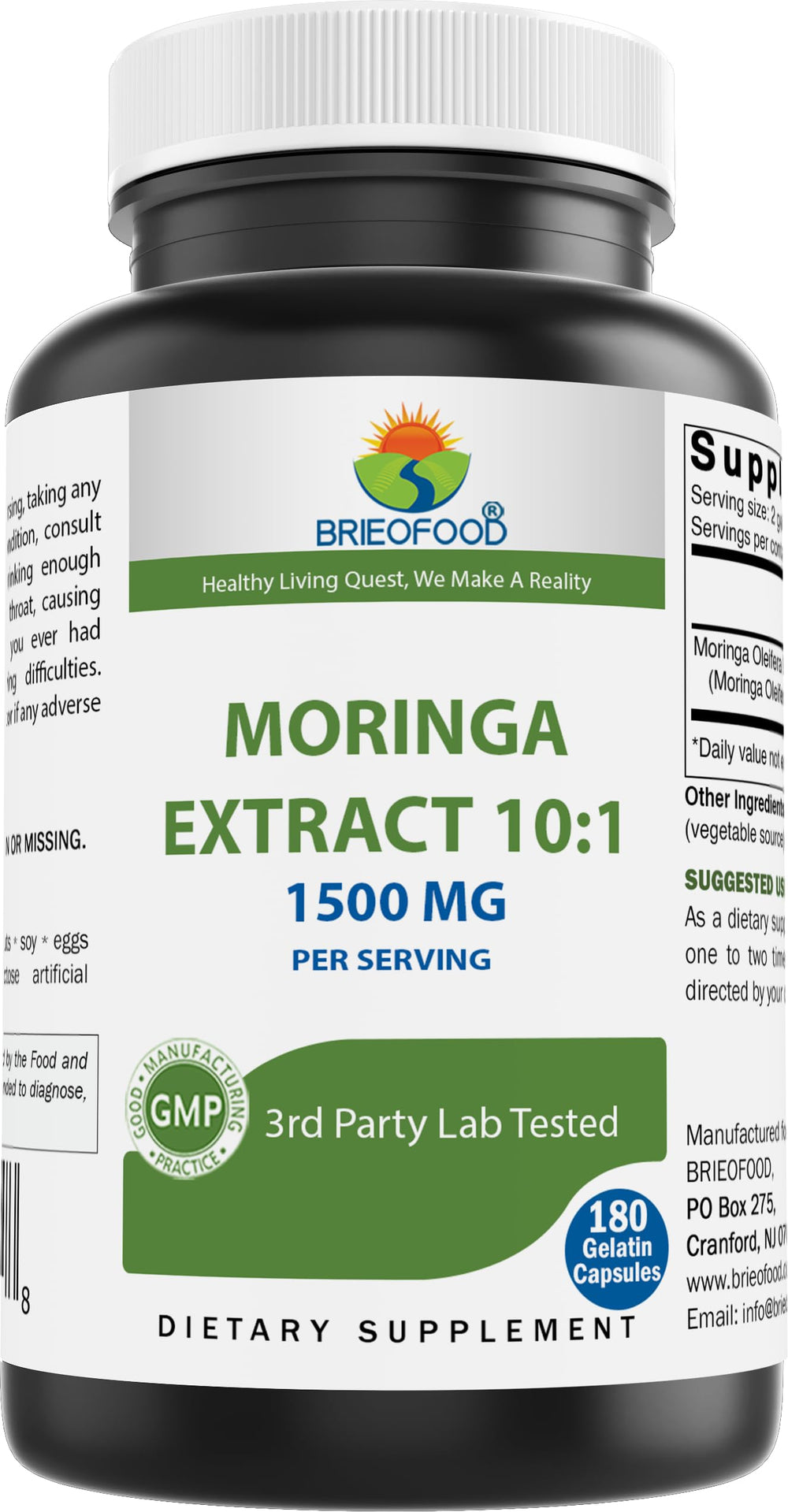 Brieofood Moringa bottle front showing a premium green supplement
