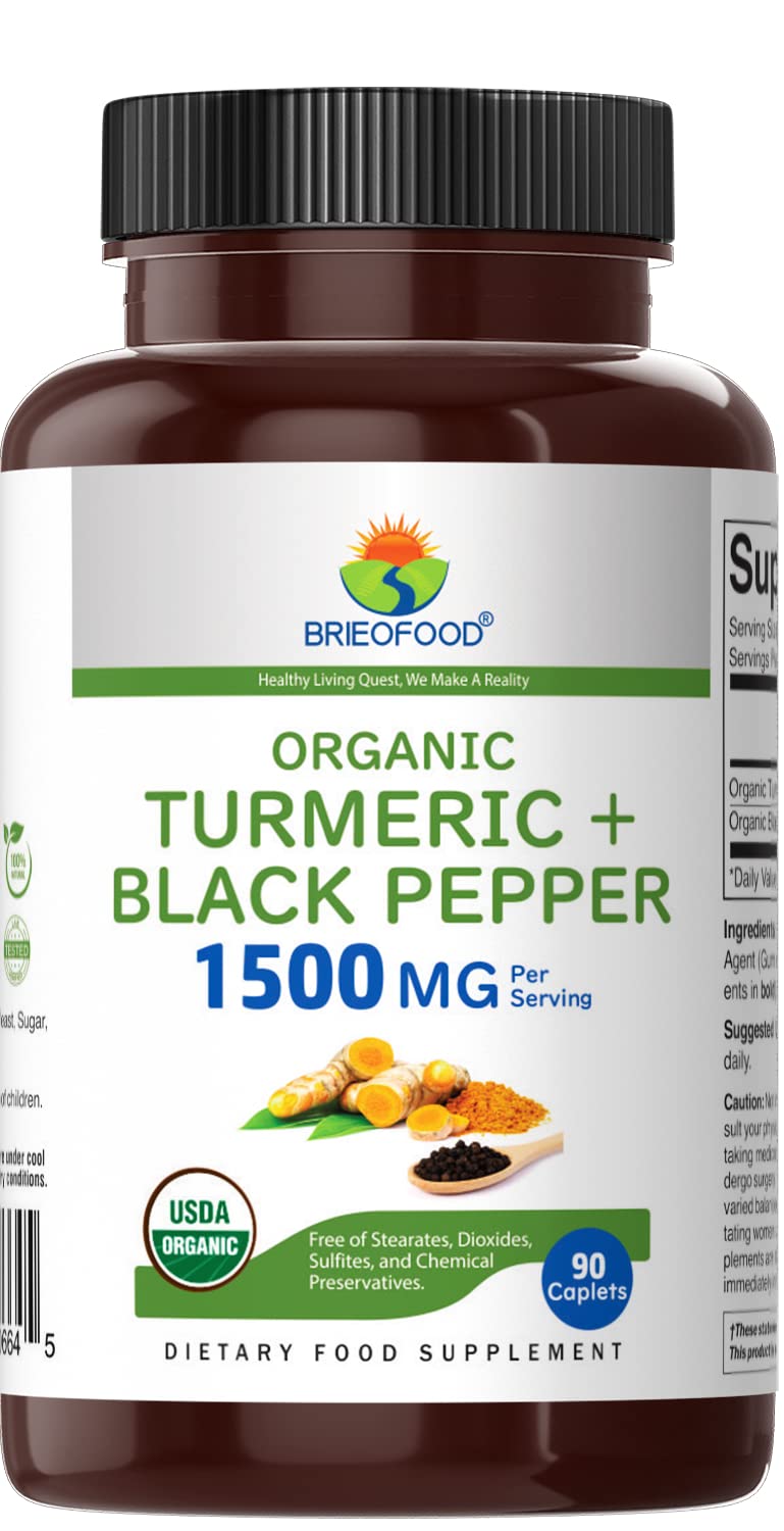 Close-up of Brieofood turmeric tablets with 750mg per tablet for easy daily dose