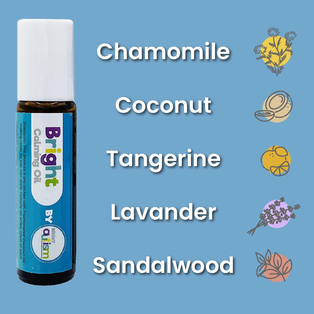 Bright Autism Bright Calming Oil label close-up showing natural blend