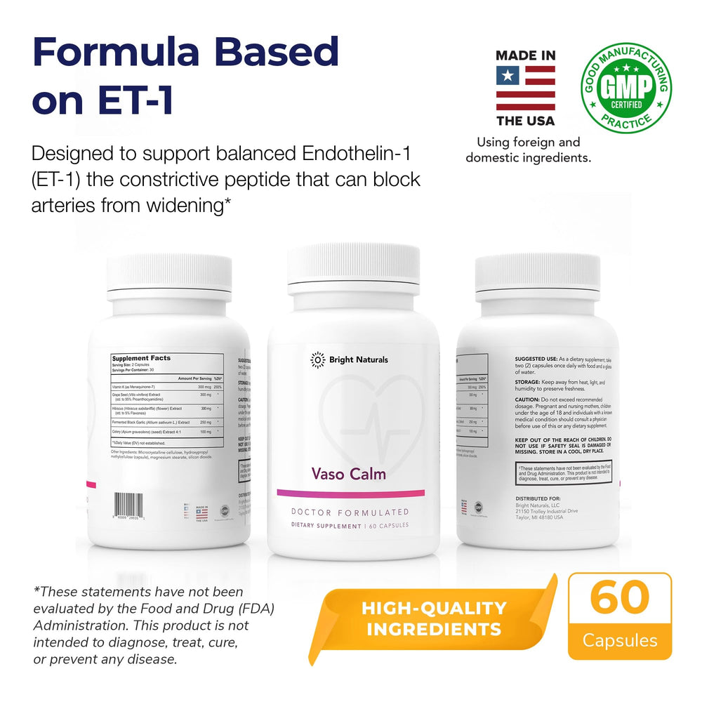 Bright Naturals Vaso Calm hibiscus extract capsule with vibrant petals for everyday balance.