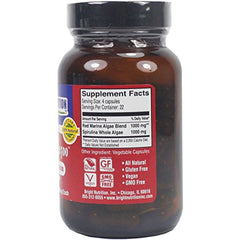 Bright Nutrition Red Marine Algae 500 capsules closeup shows complete protein and nutrient density.