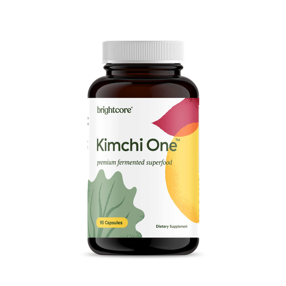 Brightcore Kimchi One bottle showing probiotic capsules for gut health.