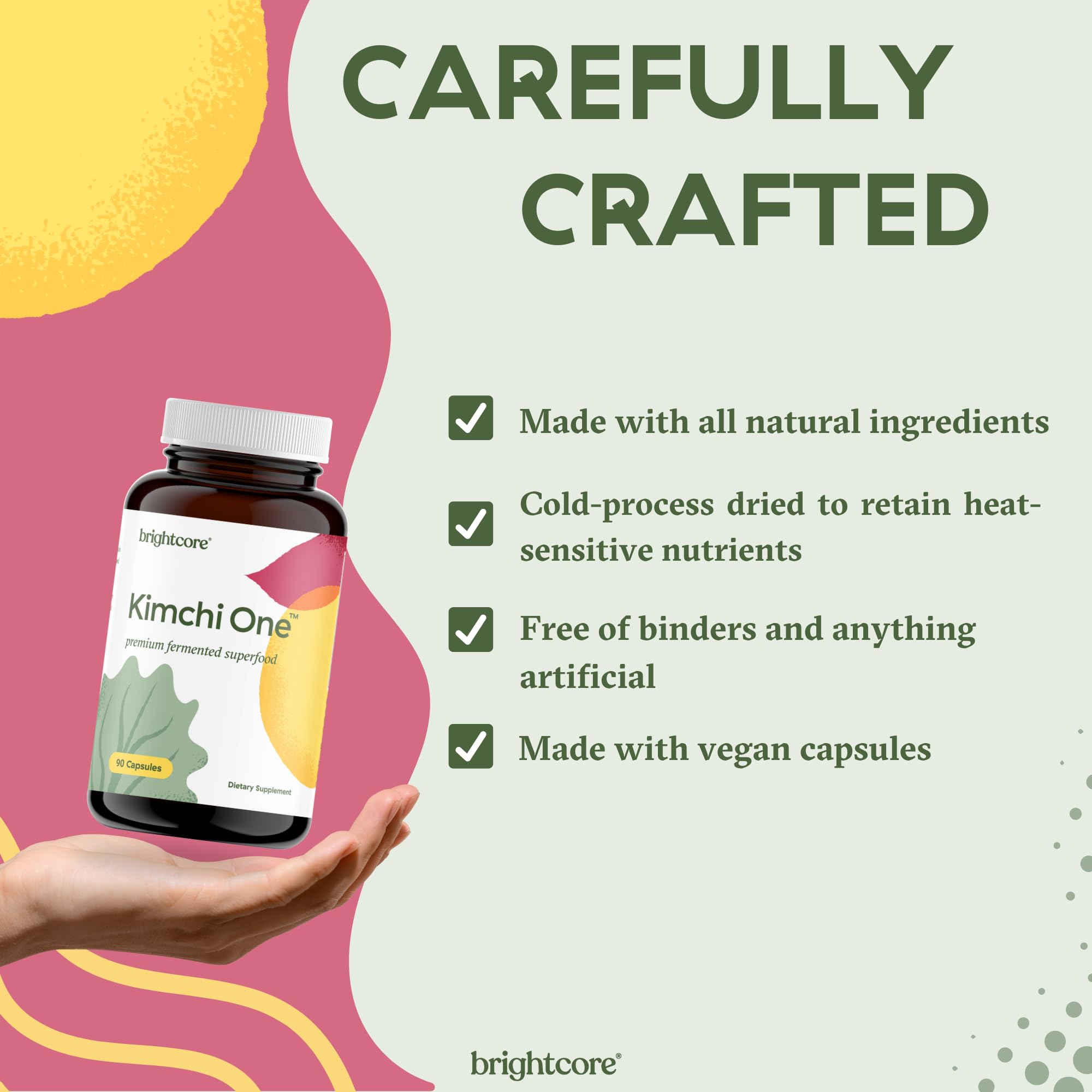 Glass with Brightcore Kimchi One capsules for a meal-time routine.