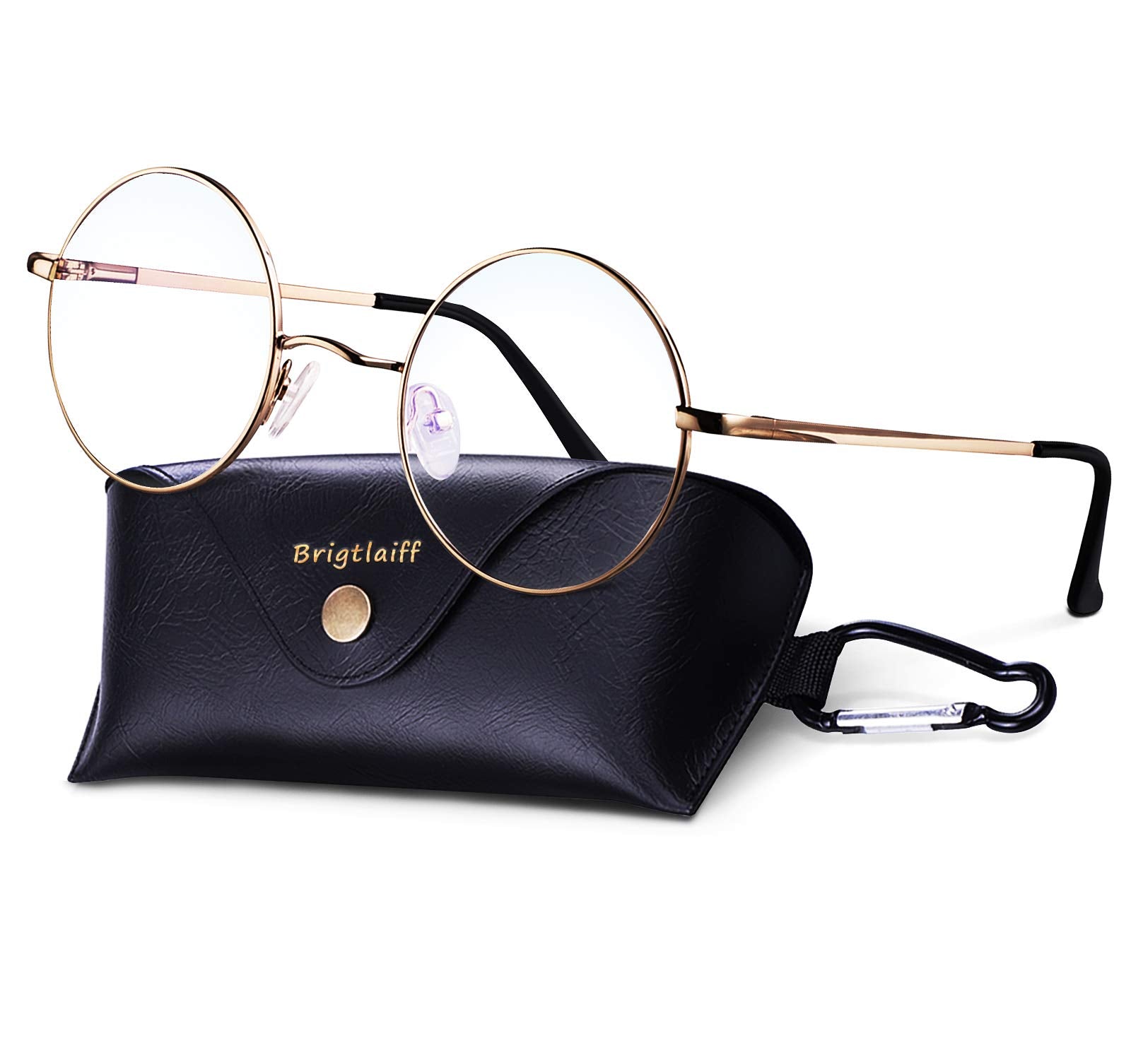 Brigtlaiff round blue light glasses with gold frame for everyday computer use.