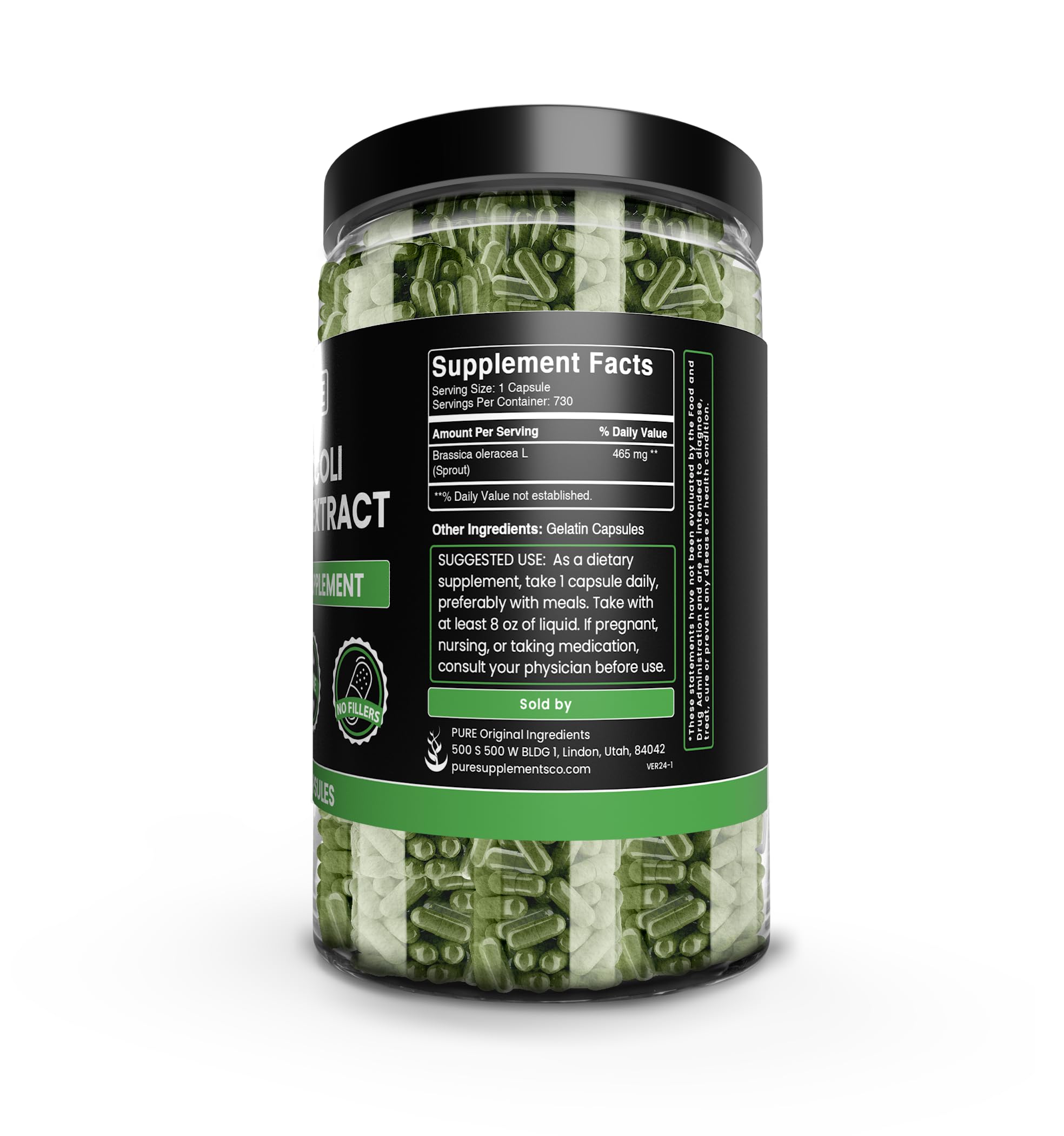 Broccoli extract capsules closeup emphasizing 730-count bottle and potency.