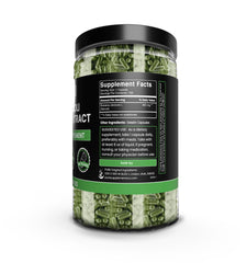 Broccoli extract capsules closeup emphasizing 730-count bottle and potency.