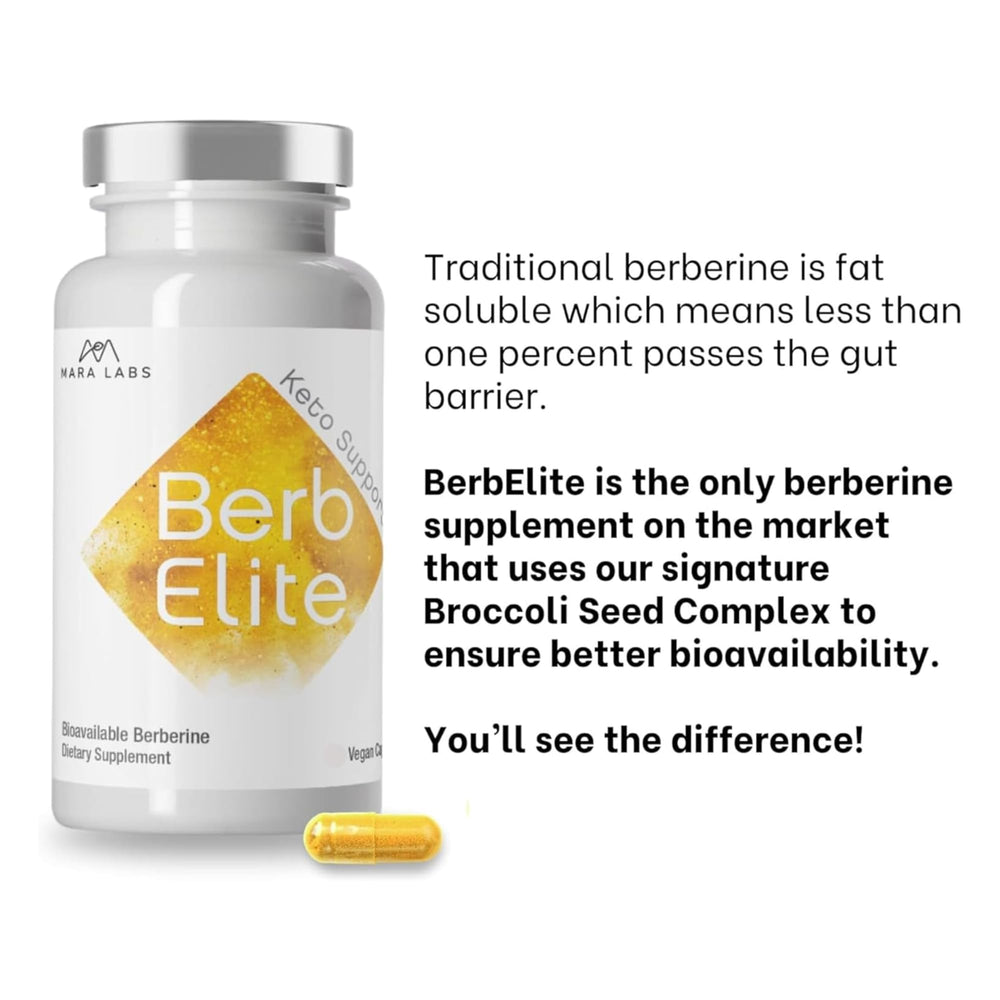 Bottle-angle photo of BerbElite on shelf highlighting vegan, clean ingredients.