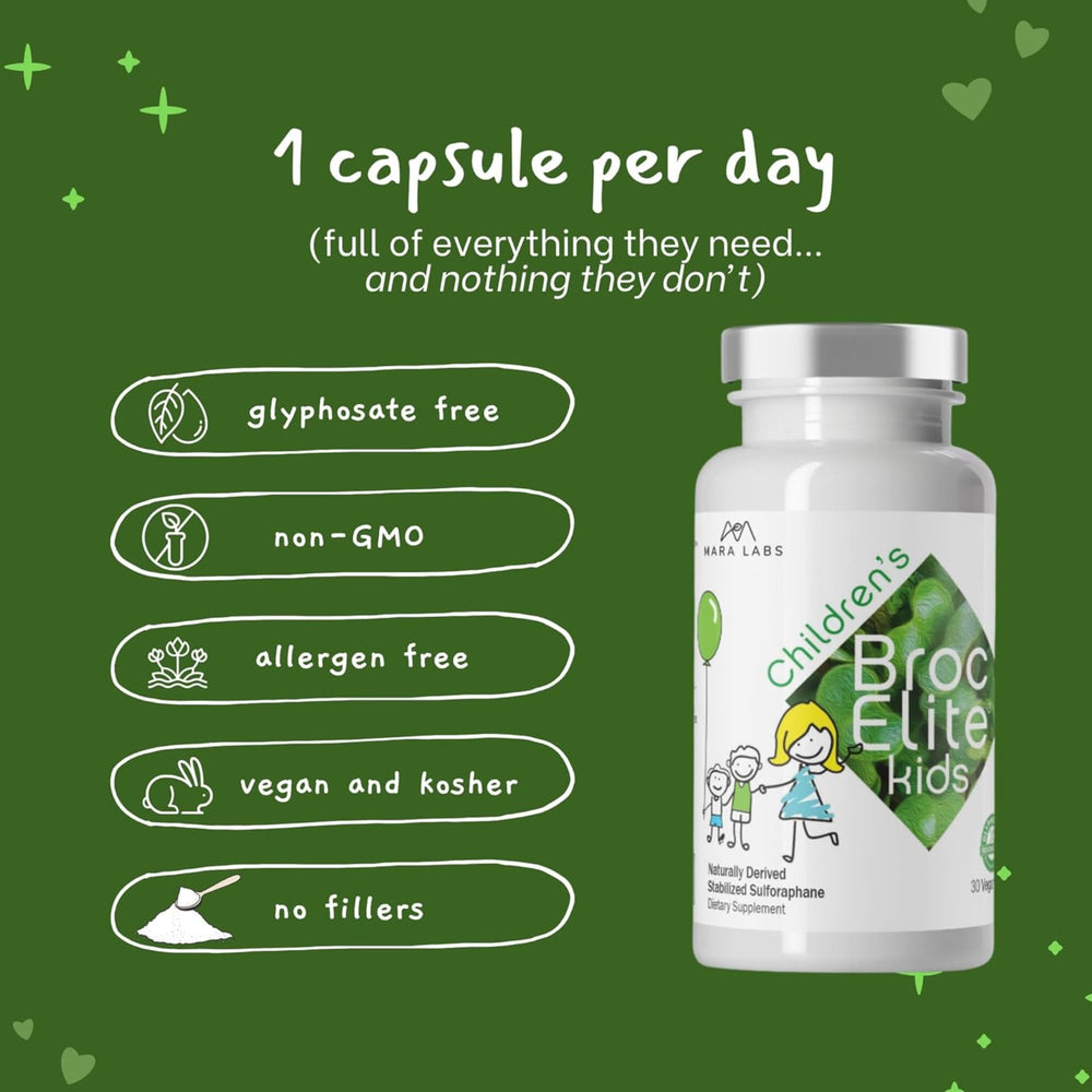 BrocElite Mara Labs Kids vegan capsules, plant-based option for growing children.