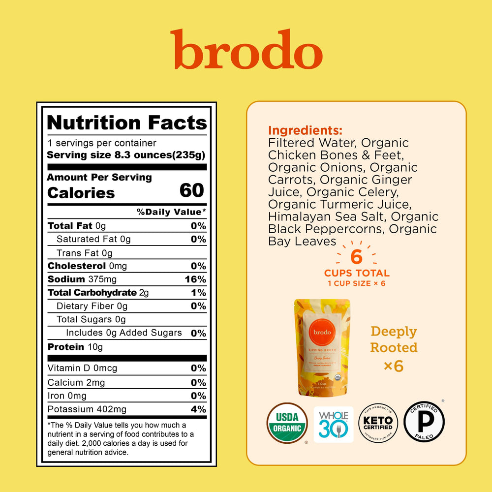 Brodo Deeply Rooted ready-to-heat broth pouch delivers warm, comforting flavor.